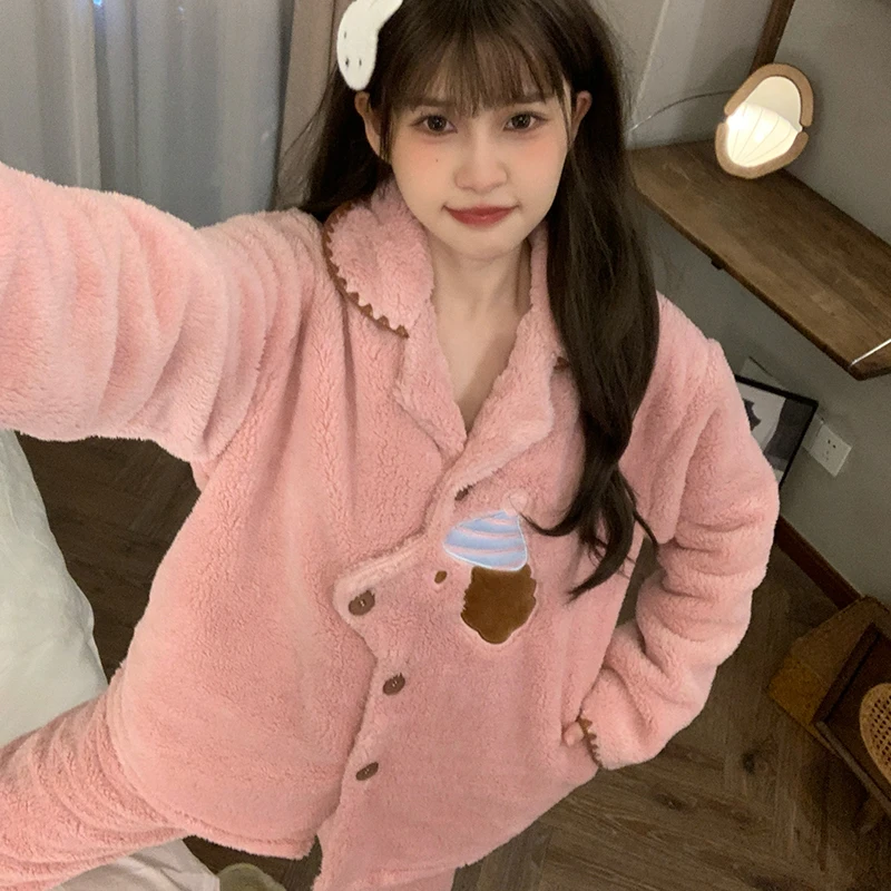 睡衣女2025年秋冬季新款长毛绒加绒加厚长袖长裤可外穿套装