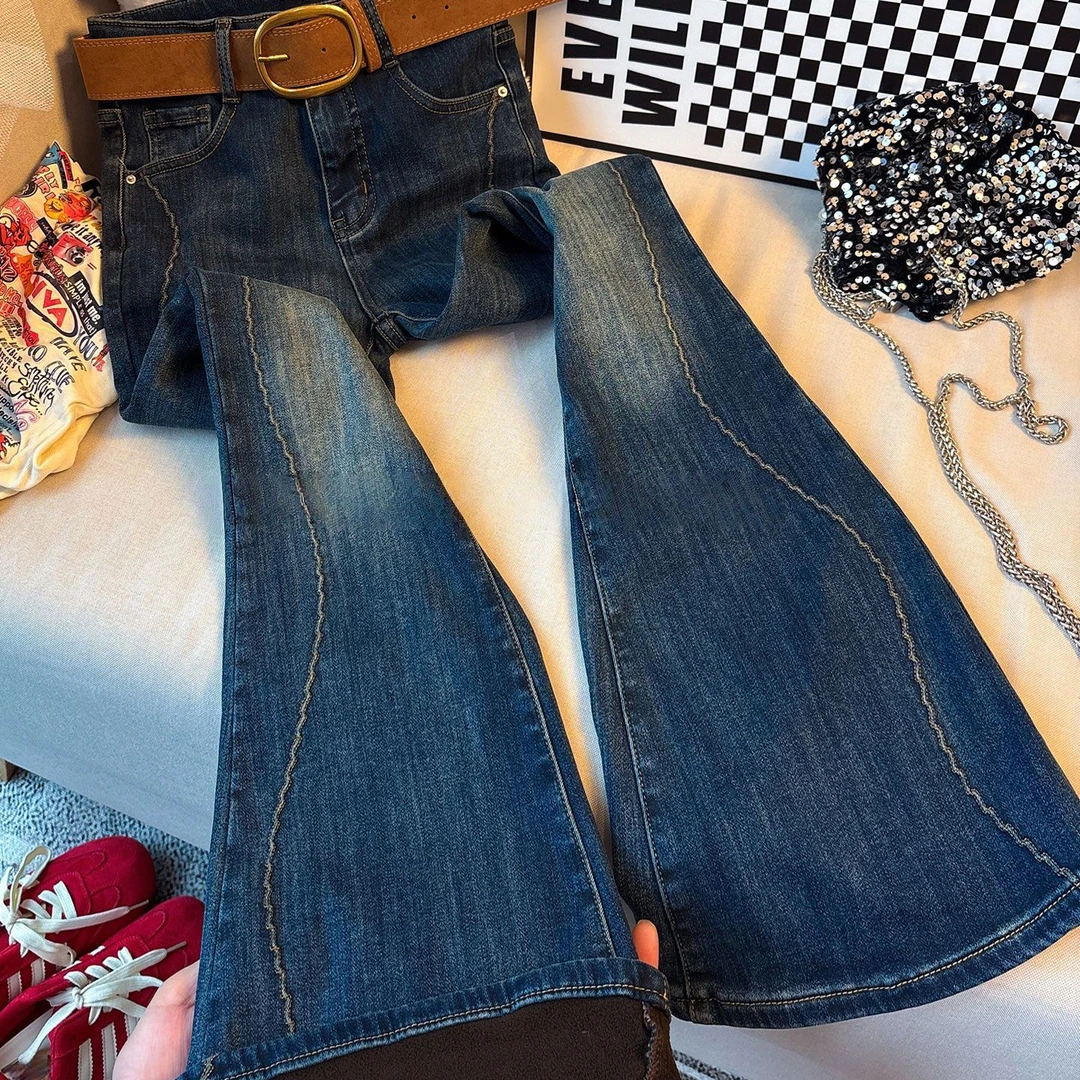 300斤大码女装秋冬款梨型显瘦弹力牛仔裤女胖mm加绒加厚喇叭裤子