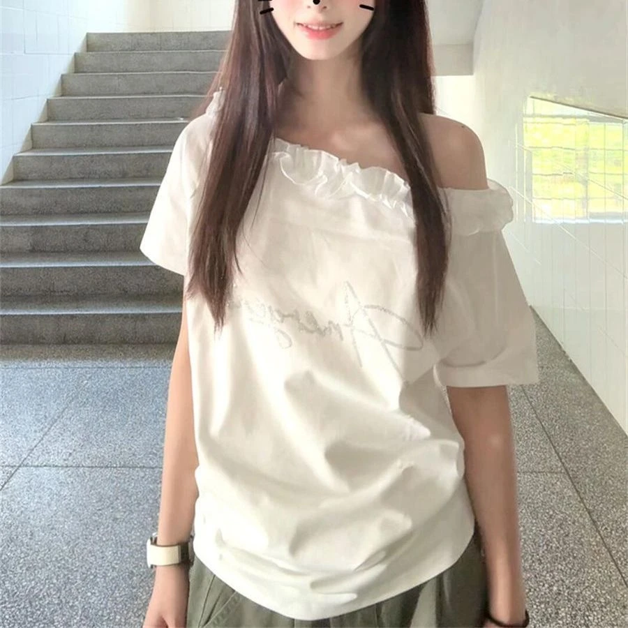 【AORSKK】花边领口斜肩露肩宽松短袖t恤女遮肉显瘦印花百搭上衣