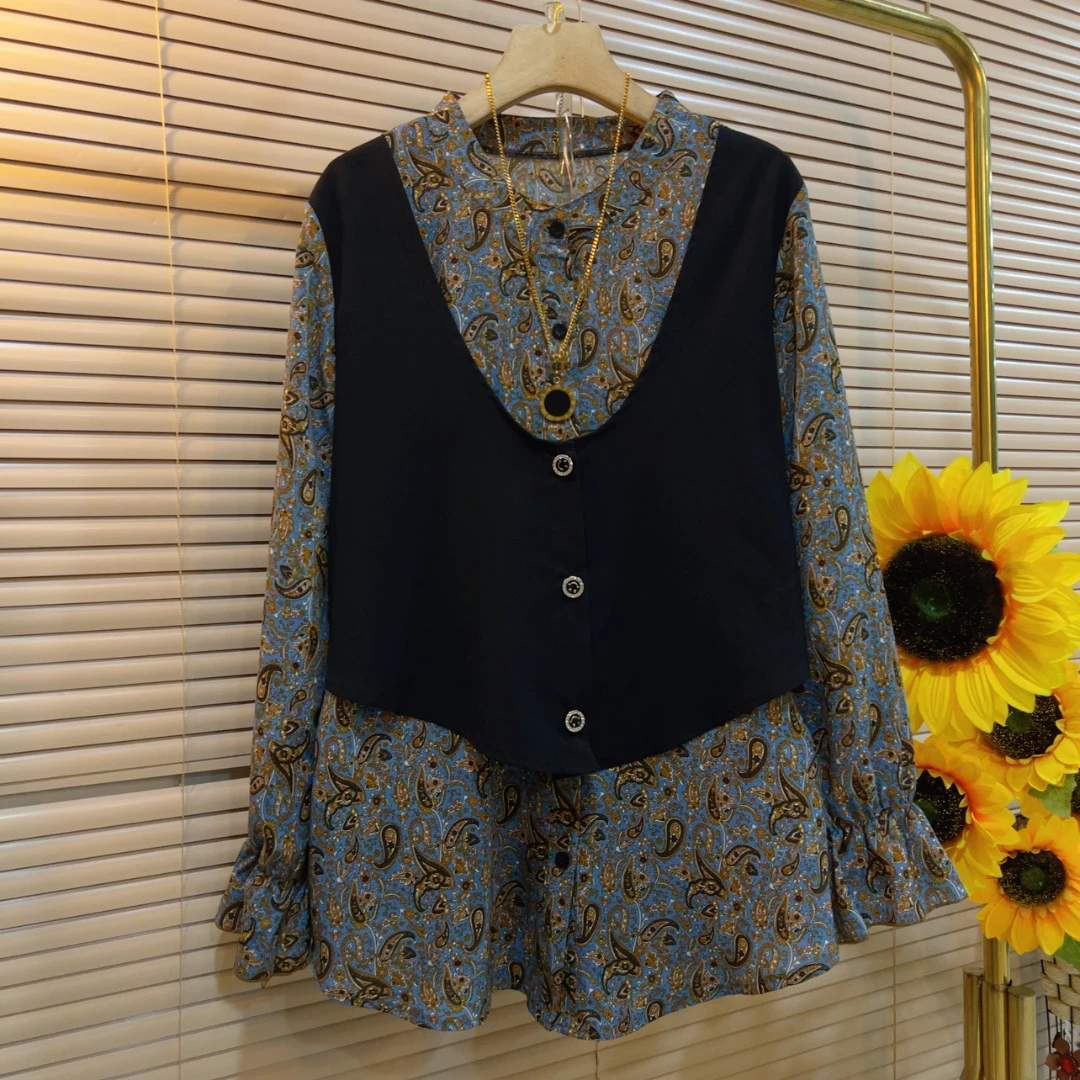 春季新款碎花上衣女假两件显瘦小衫