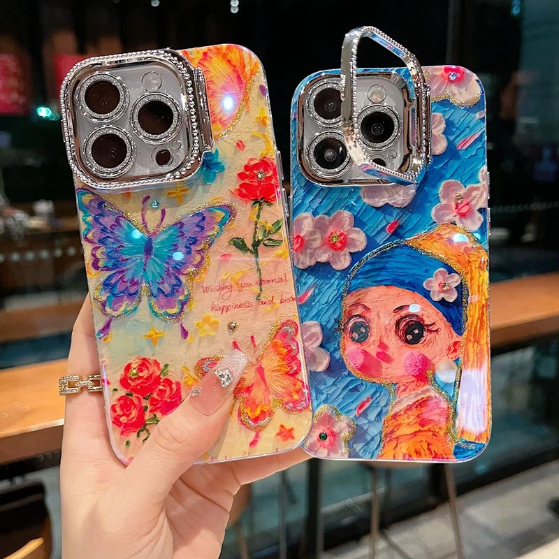 适用苹果系列iPhone16新款手机壳优雅时尚油画女孩波点镜头膜支架