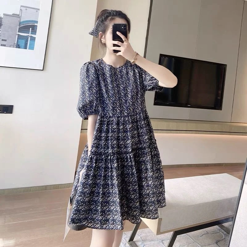 欧洲站2024夏韩版新款宽松显瘦甜美A字裙气质减龄圆领碎花连衣裙