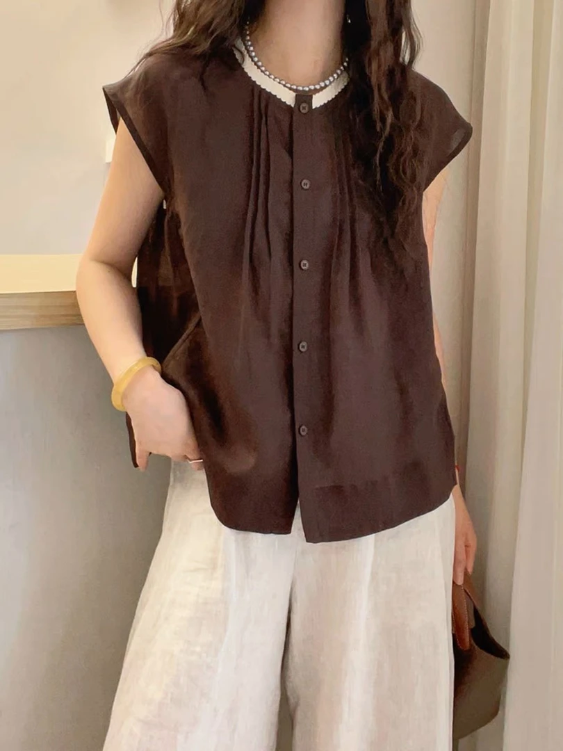 飞飞袖褶皱苎麻衬衫女欧洲站2025夏装新款欧货女装时尚洋气小衫潮