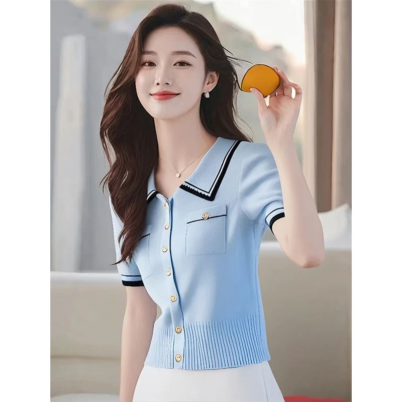 2025夏季法式小上衣设计感小众独特超好看时尚蓝色polo领短袖t恤