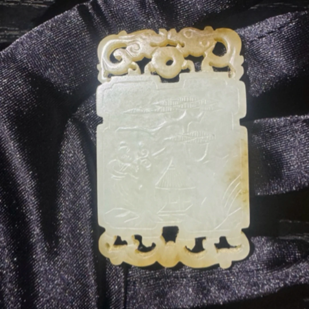 清代和田玉雕山水人物诗文牌