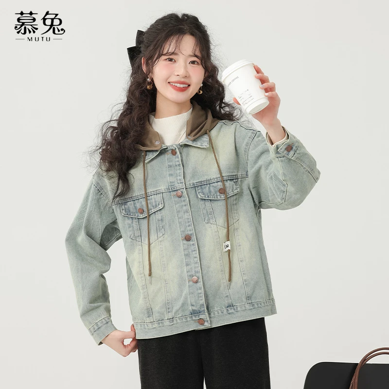 慕兔港风复古连帽牛仔外套女2025春季新款小个子宽松休闲夹克上衣