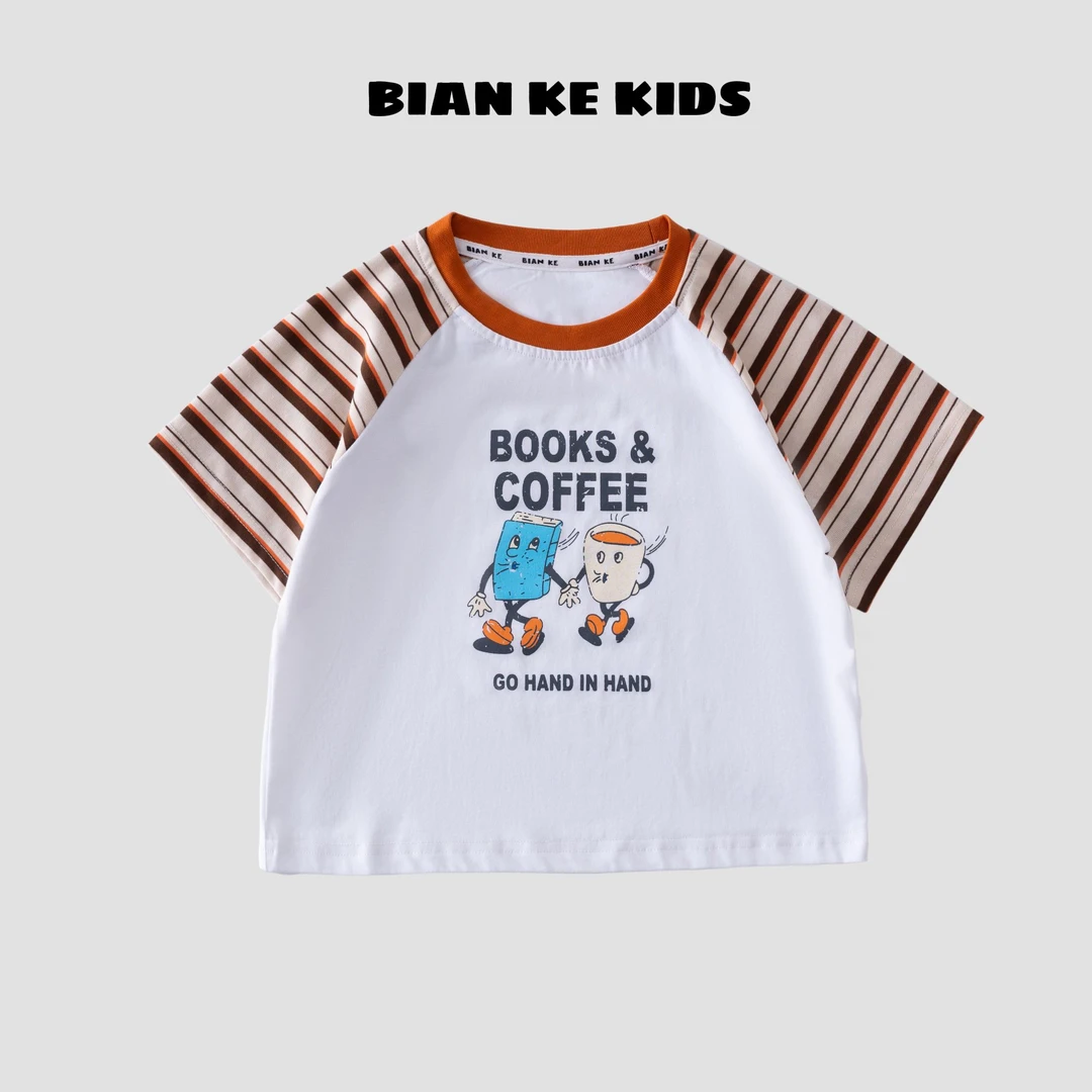 2025夏季儿童品牌棉质透气吸汗卡通可爱条纹印花男童短袖T恤