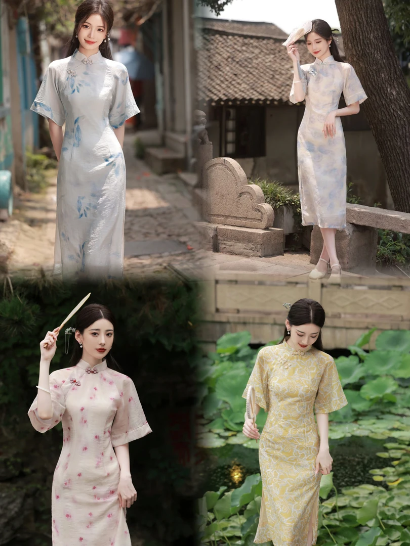 吴（梦幻花夏）衣长115＋新中式国风倒大袖少女款改良气质显白旗袍
