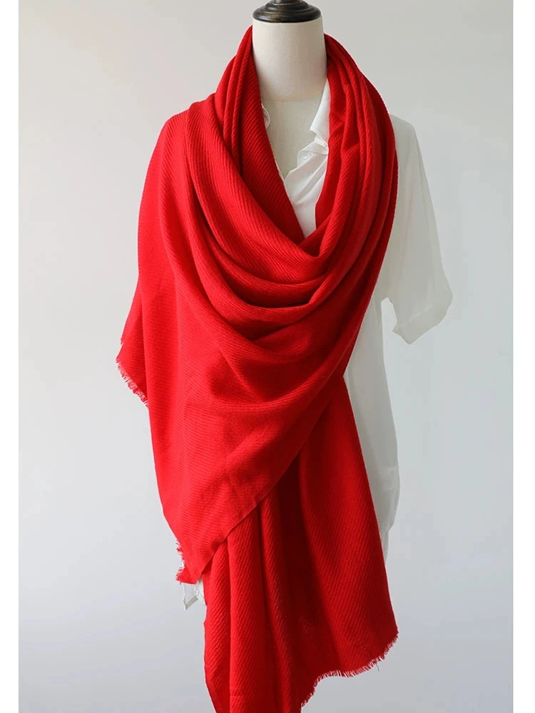 重磅正红色超长短穗斜纹纯羊毛围巾