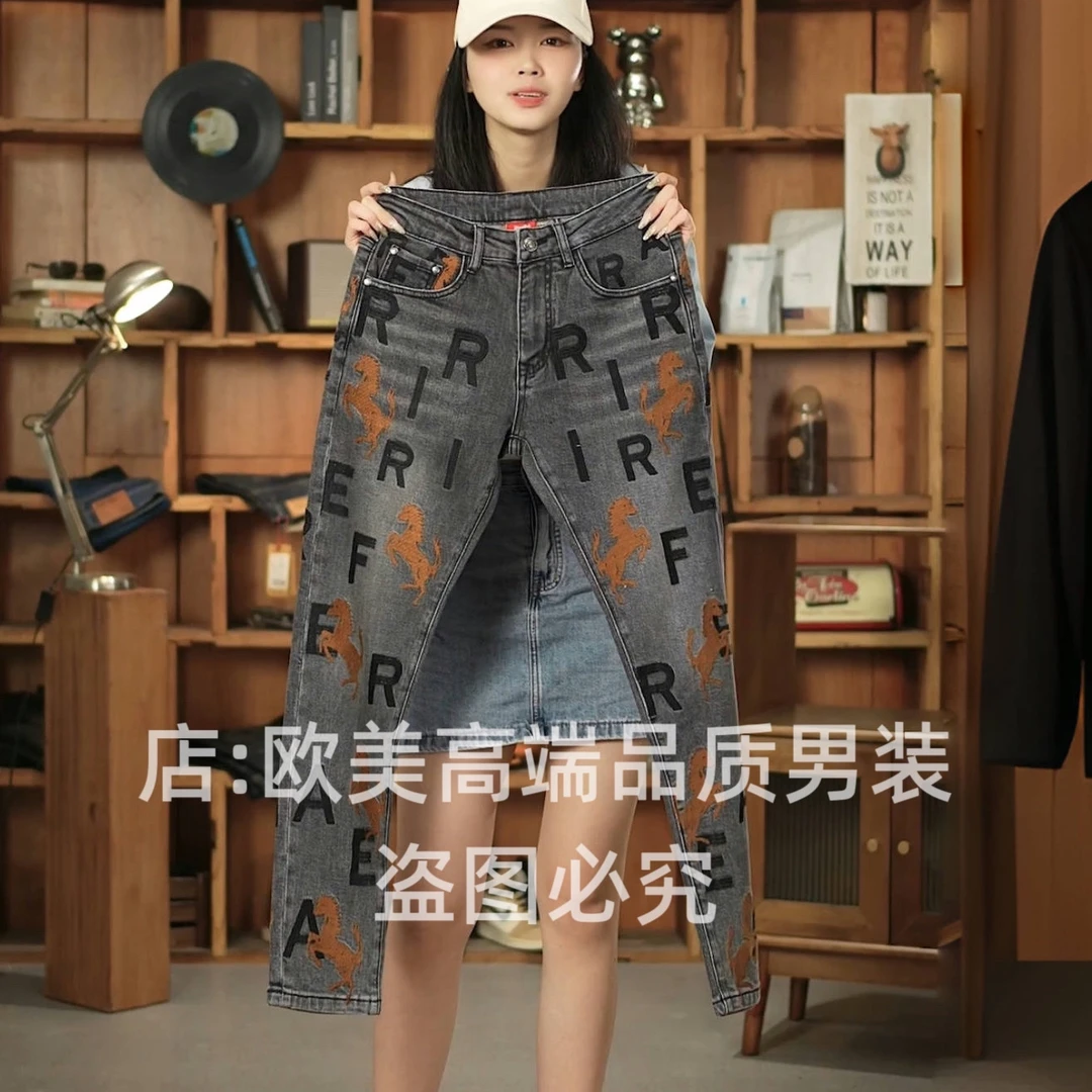 秋冬季高端美式刺绣印花男士牛仔裤修身小直筒弹力休闲个性潮牌