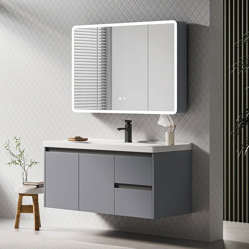 轻奢灰太空蜂窝铝合金抽屉浴室柜组合全封智能镜陶瓷一体盆洗漱台