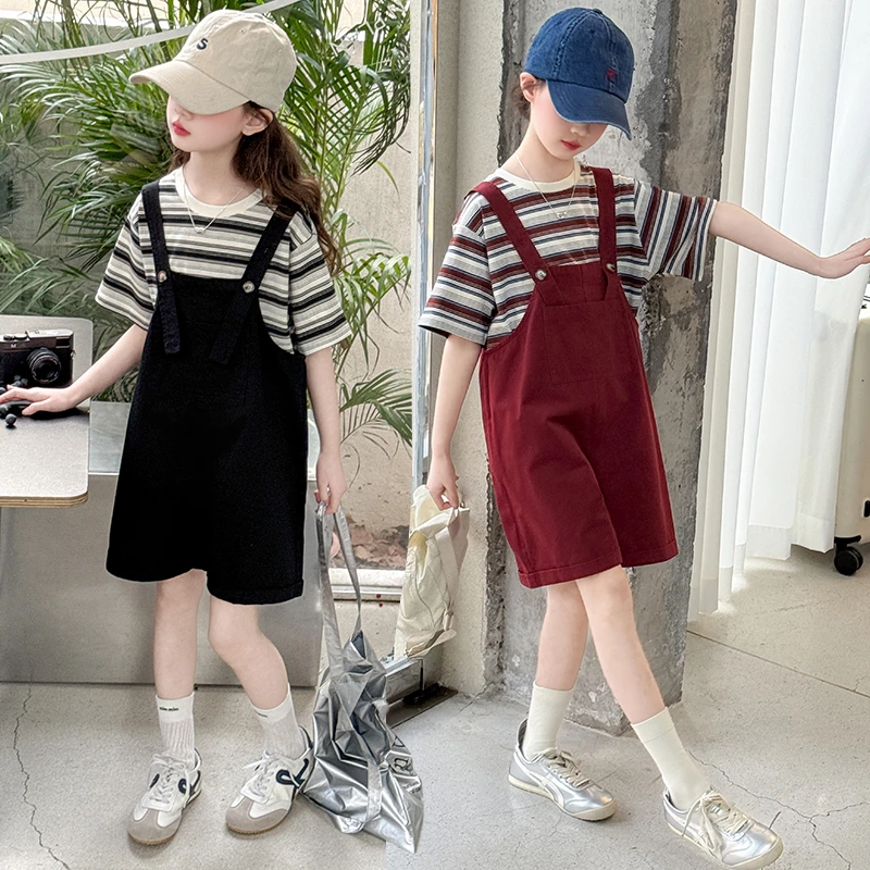 女童背带裤夏季套装2025新款儿童洋气条纹短袖上衣休闲裤两件套