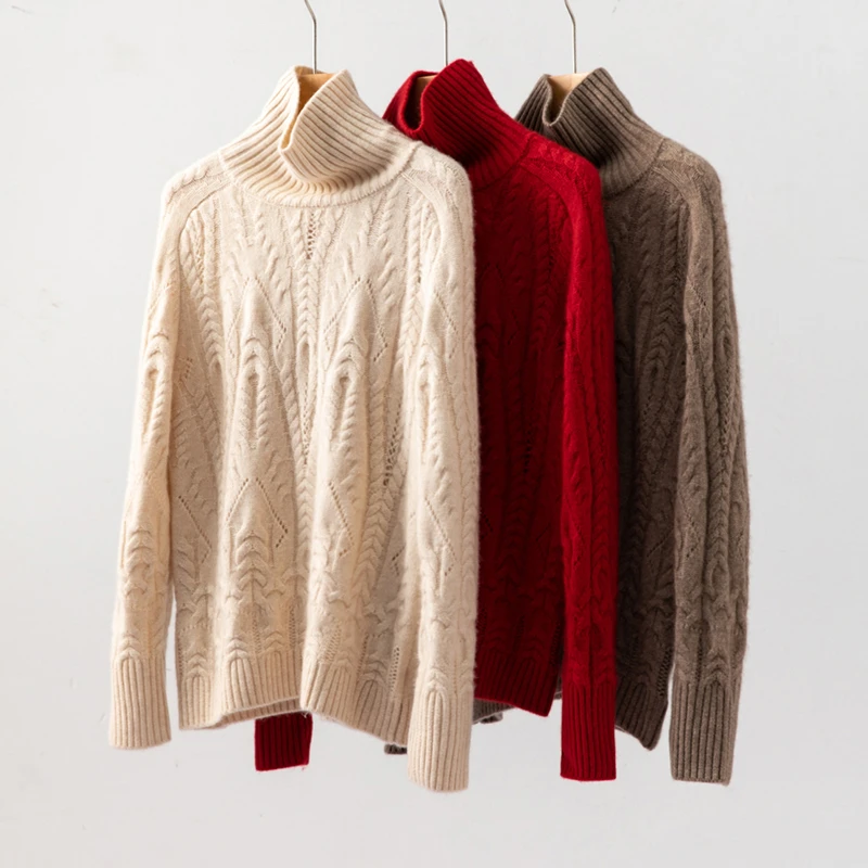 【LP原版棒针】100纯山羊绒高领堆领两穿立体绞花毛衣女R2135