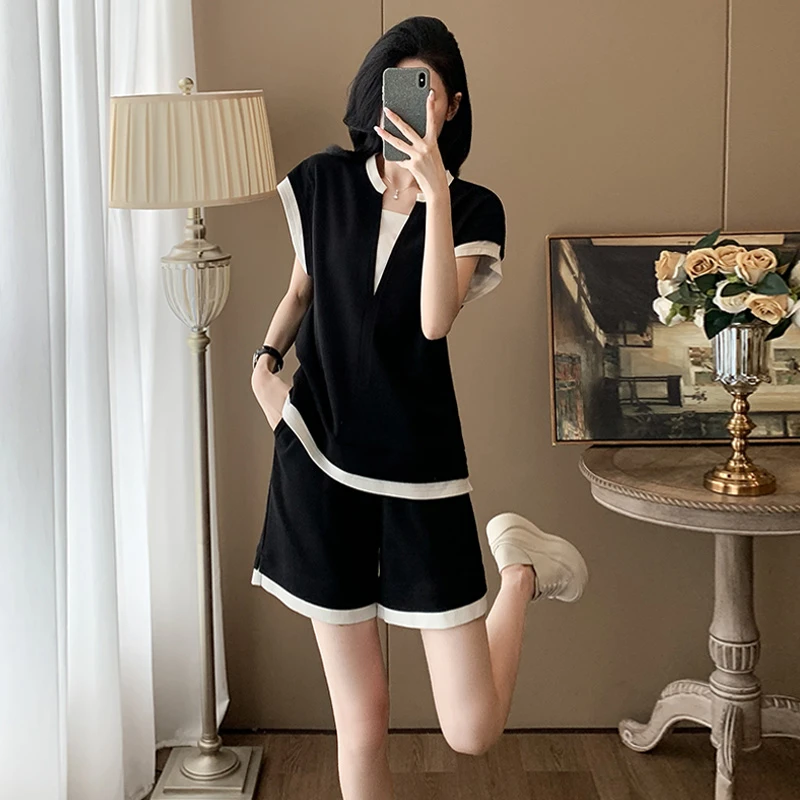 休闲套装女装小个子时尚显瘦气质运动两件套夏季新款黑色两件套