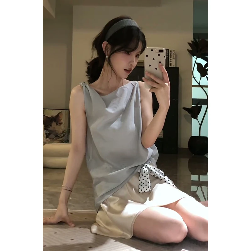 2025夏季新款法式高级感无袖系带衬衫上衣气质高腰显瘦缎面半身裙