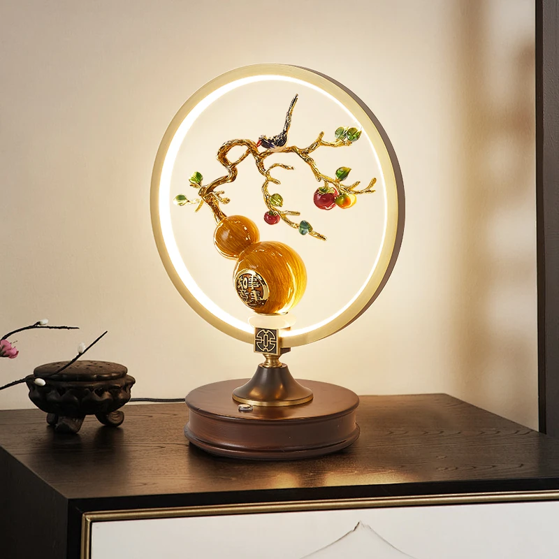 全铜新中式台灯客厅玄关装饰灯黑胡桃禅意珐琅彩卧室床头摆件台灯