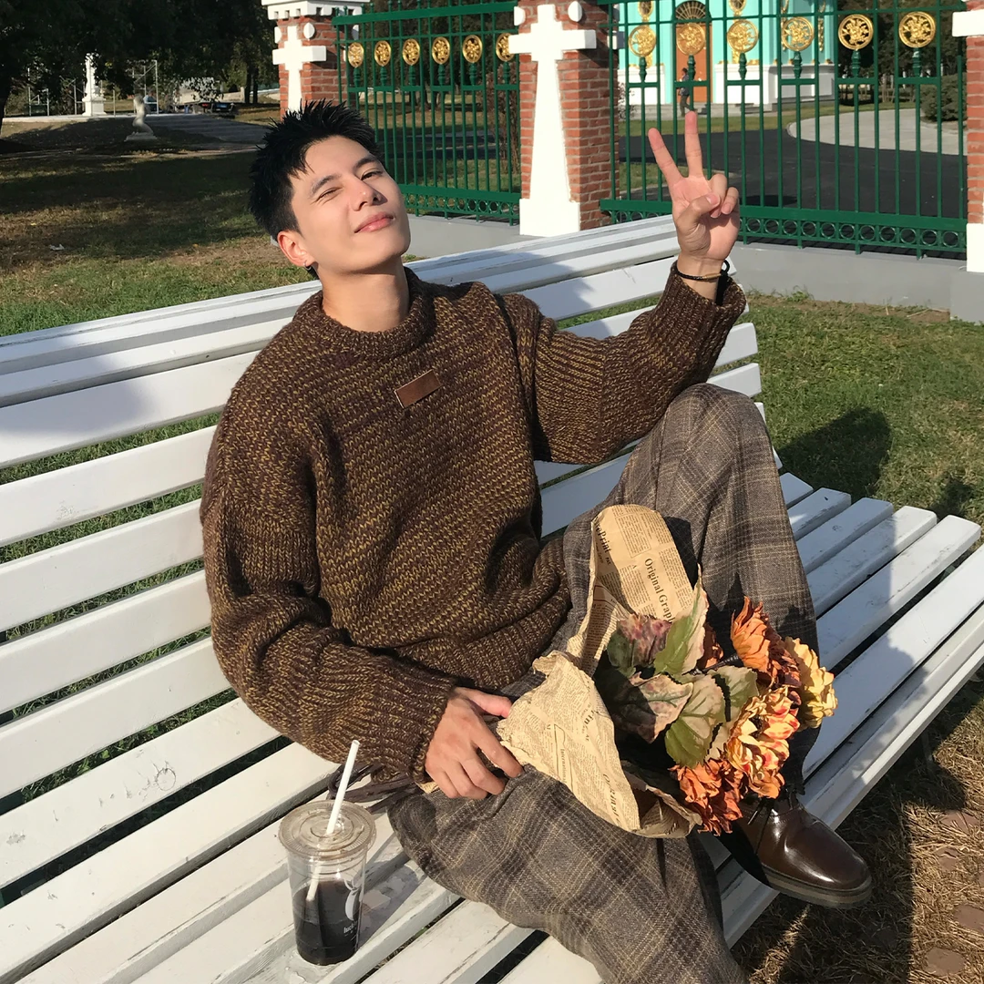 Holocene美式潮牌复古高街风加厚圆领针织衫男秋季宽松慵懒72611