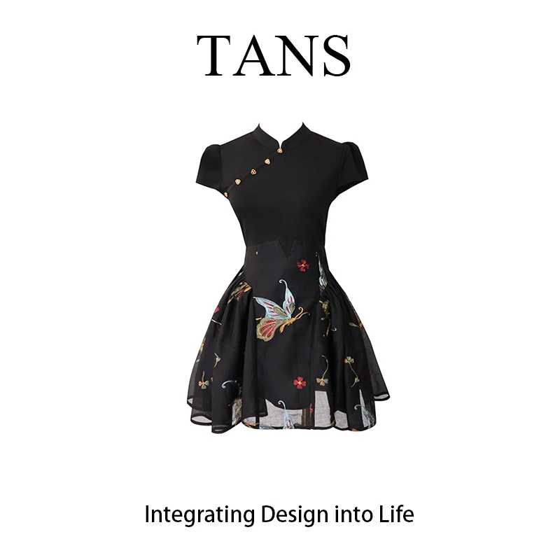 现货 TANS【夏季新品】新中式改良蝴蝶刺绣设计感短款长款连衣裙