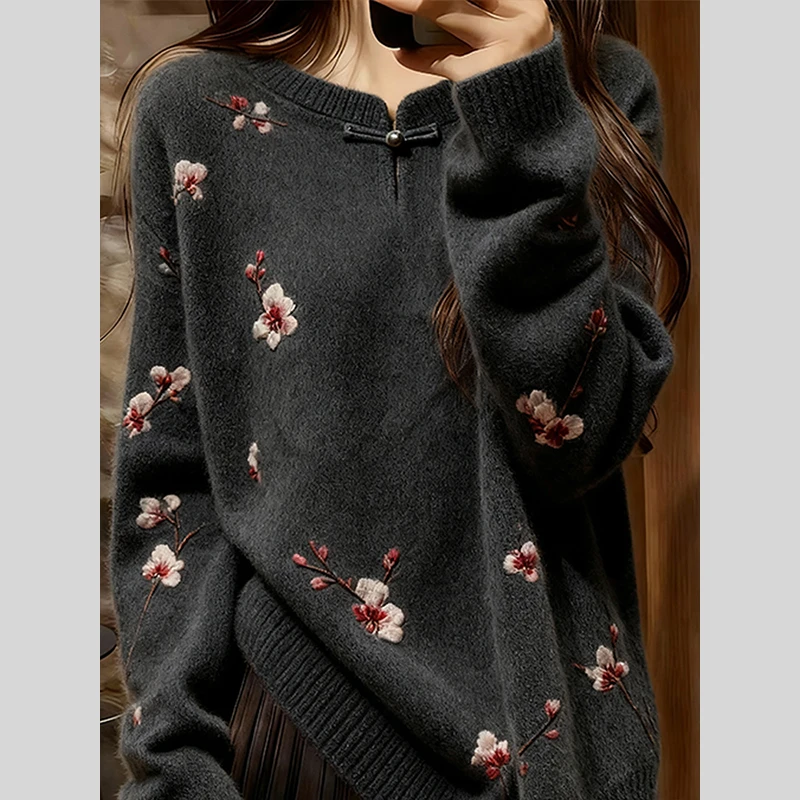 独特高端新中式国风毛衣女2025冬季新款爆款慵懒宽松超火针织上衣