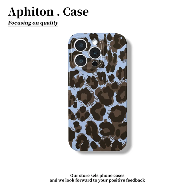 SMBLCE蓝底棕豹纹适用苹果17/16菲林手机壳小米15vivo华为P70oppo