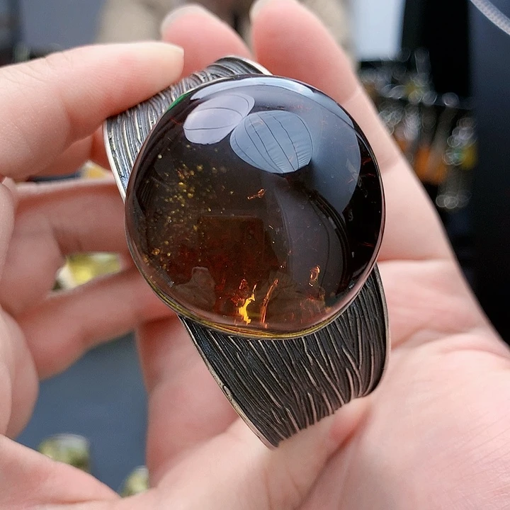 琥珀裸石银S925镶嵌手镯