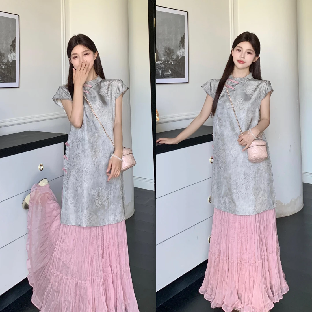 大码女新中式国风改良旗袍立领盘扣上衣2025新款木耳边蛋糕裙半裙