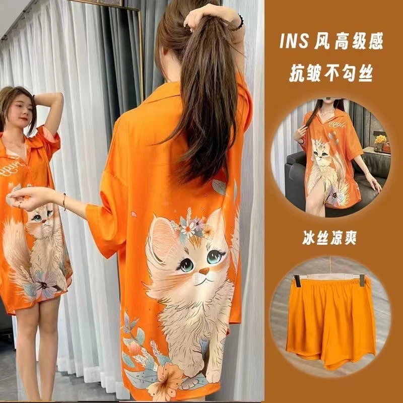 夏季衬衫睡裙性感冰丝短袖睡衣女短裤甜美卡通宽松薄款家居服套装