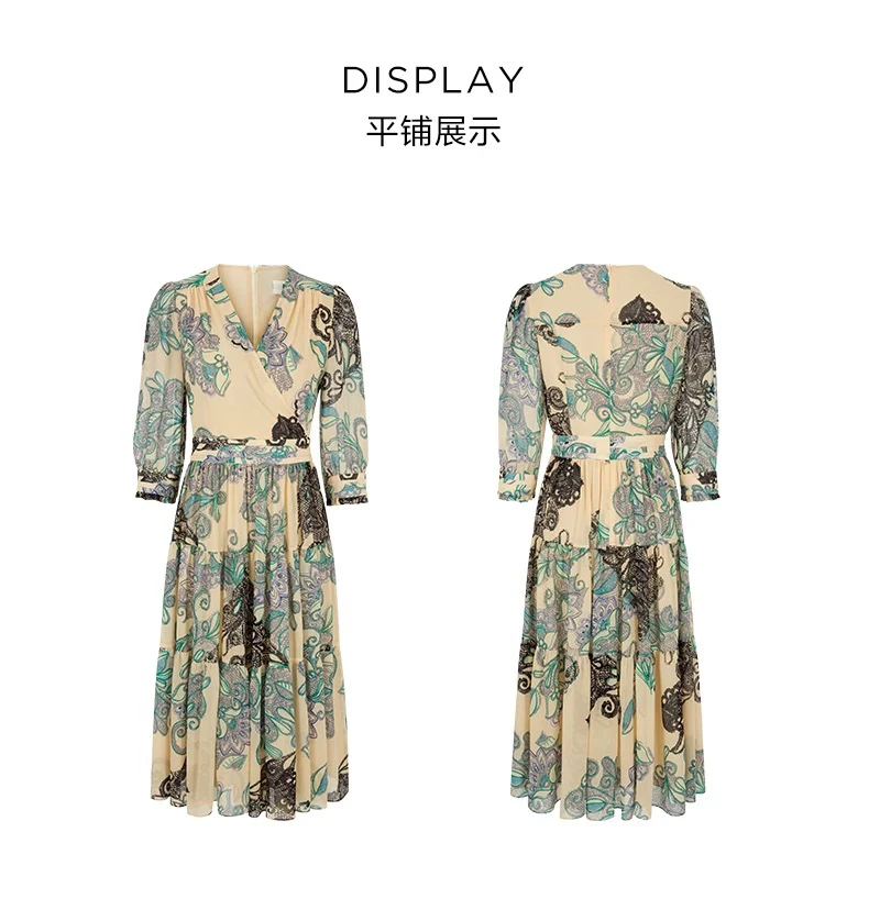 初夏新款泡泡袖V领褶裥彩墨印花连衣裙