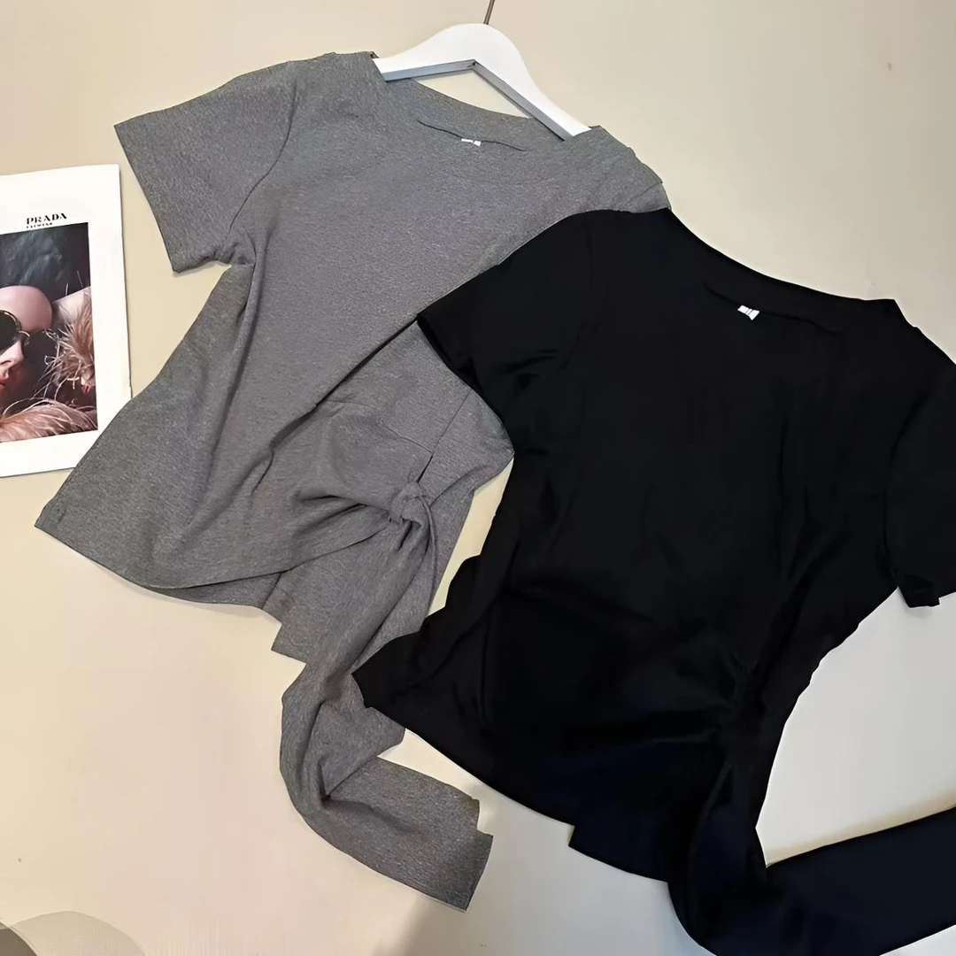 《优麦汇》Y6021夏款圆领设计感时尚百搭短袖显瘦上衣款女