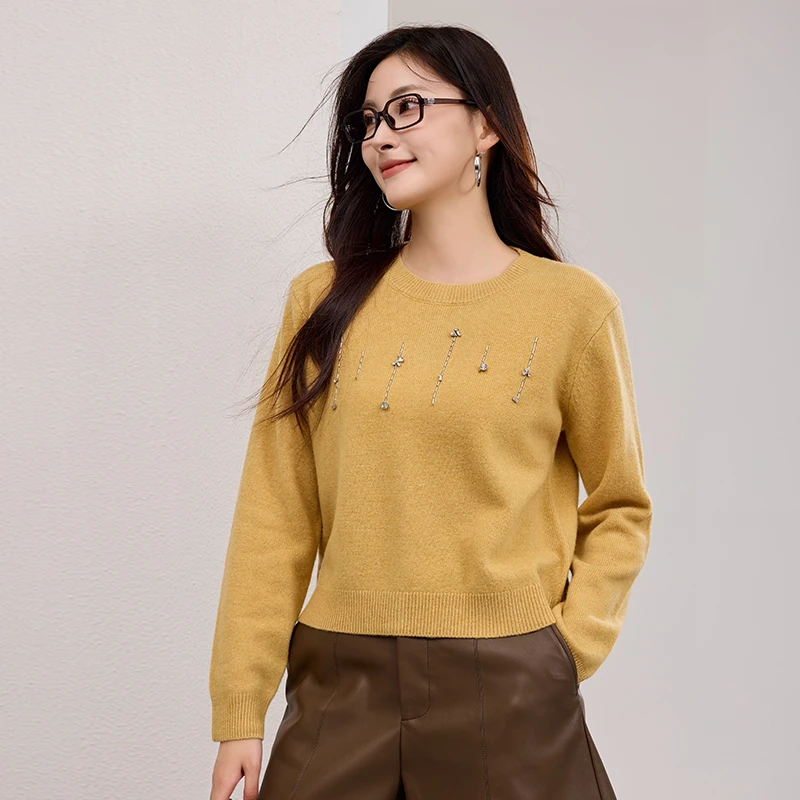 100%绵羊毛圆领加厚打底衫新款毛衣女秋冬绣花羊毛衫女外穿显瘦