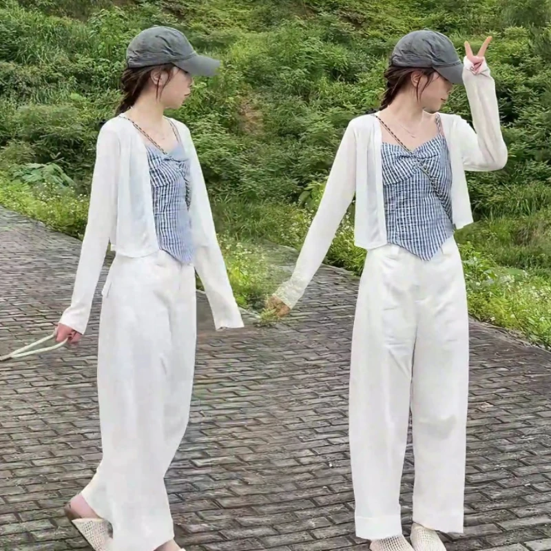 2025夏季新款设计时尚洋气吊带+开衫+显瘦休闲宽松百搭阔腿裤套装