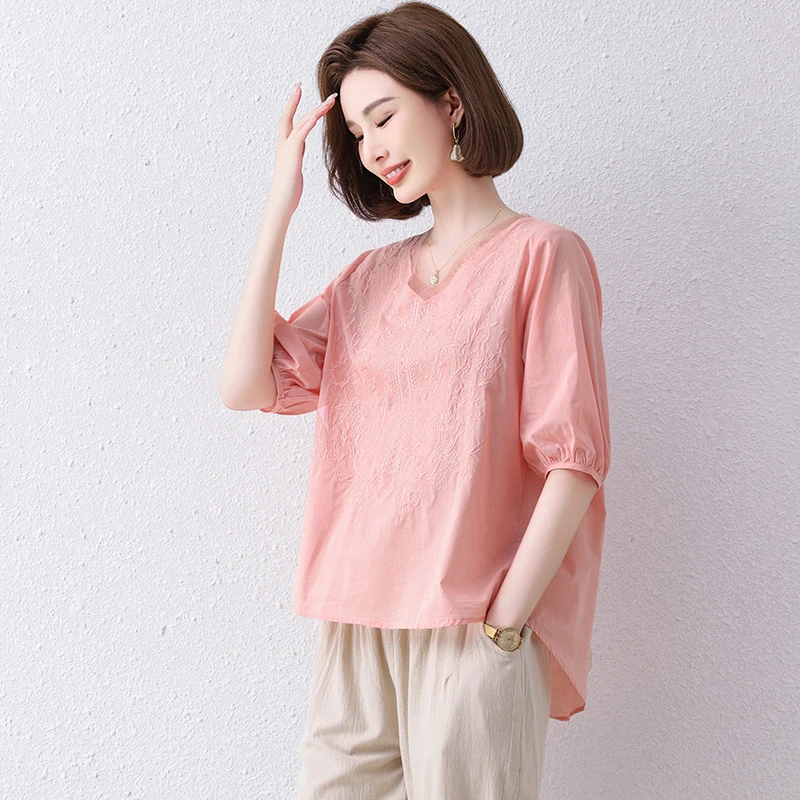 中年妈妈夏装纯棉套装2025薄款V领T恤极简贵夫人衬衫显瘦两件套