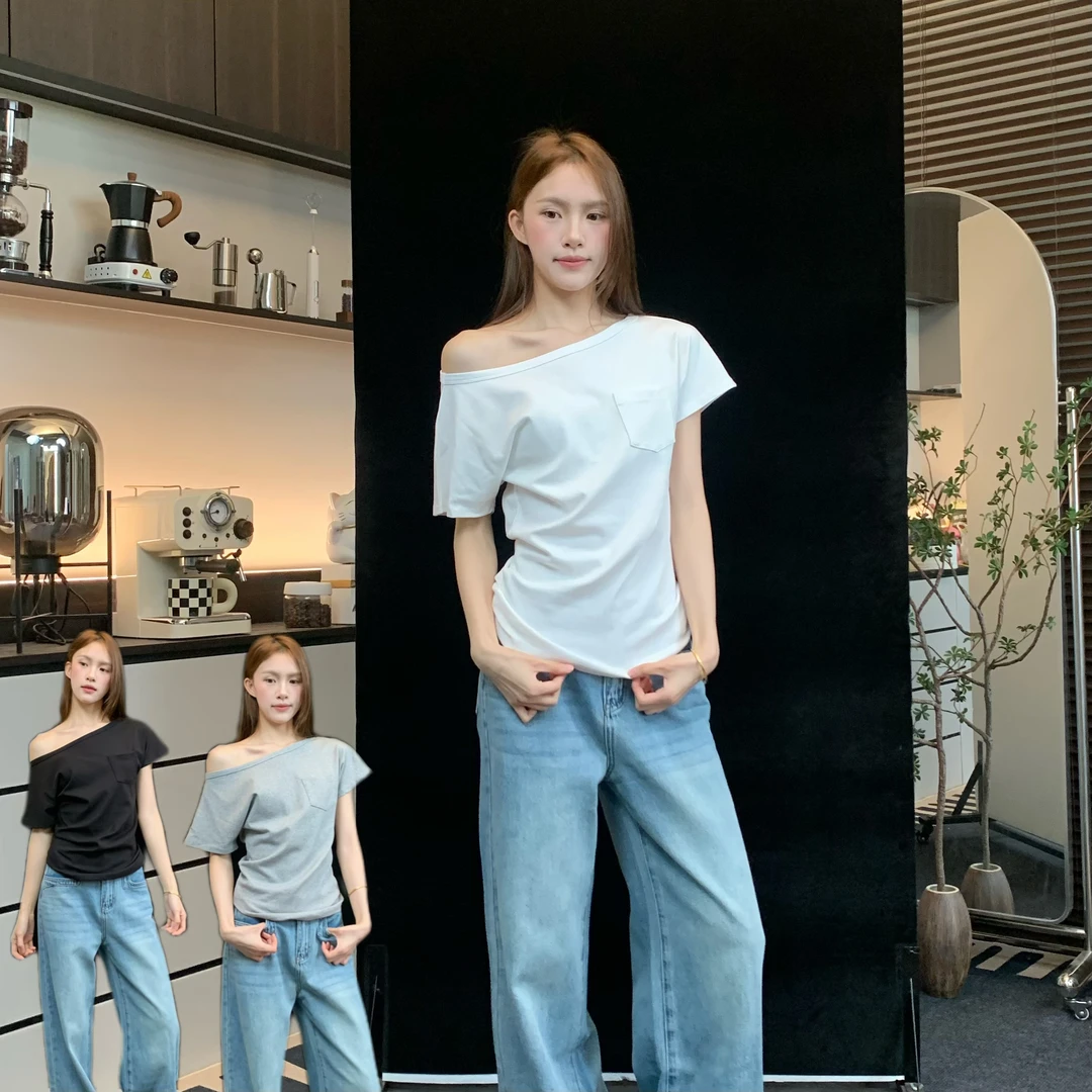 肚子250039斜肩短袖T恤女2025年夏季新款露肩上衣