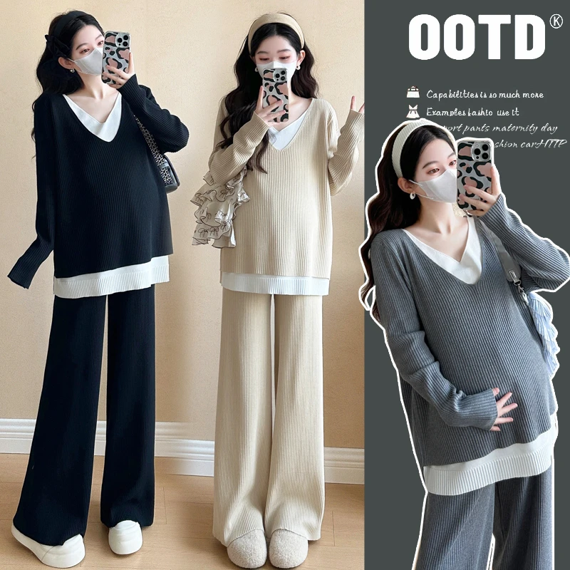 孕妇套装秋季新款大码假两件拼接针织慵懒气质时尚宽松孕妇两件套
