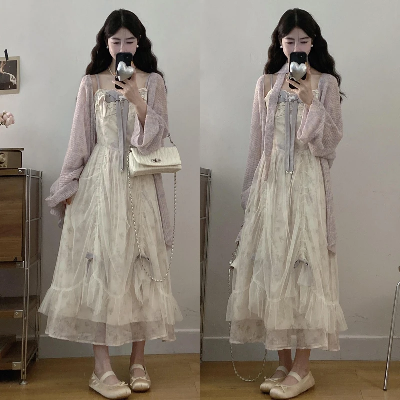 大码【幽兰浮梦】超仙绝绝紫碎花抽褶网纱连衣裙＋毛衣两件套装女
