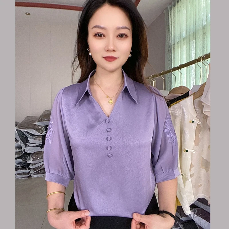 夏季新款女士衬衫领袖口刺绣宽松五分袖小衫衬衫