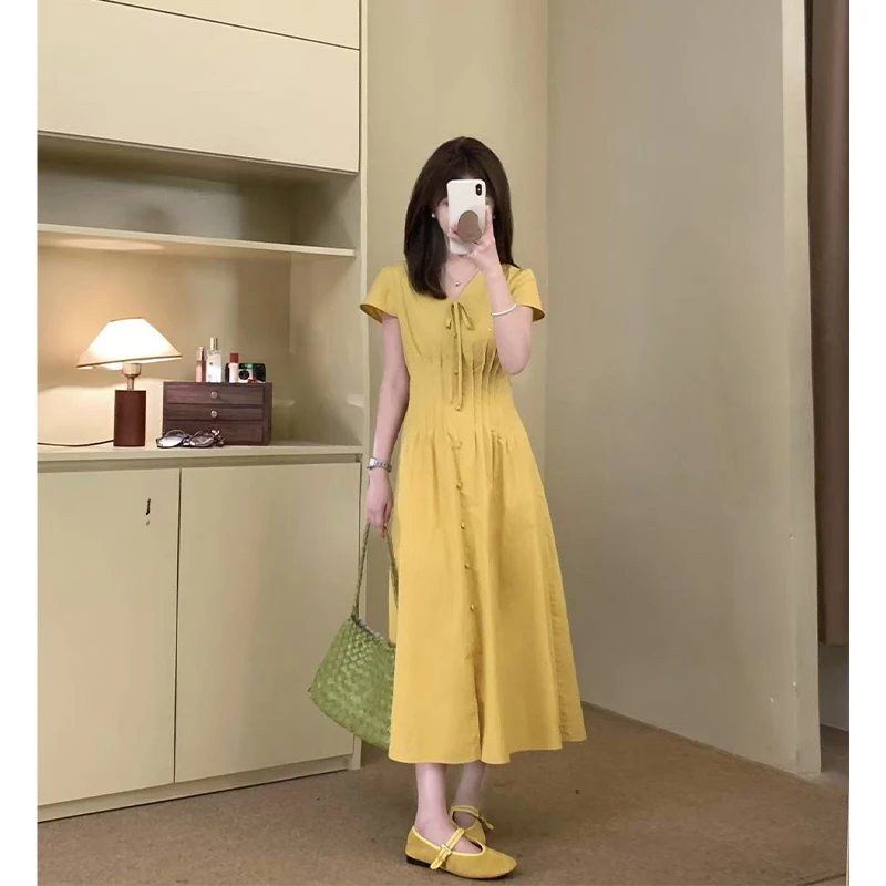FUGUI RICH小个子短袖连衣裙夏季新款拼接褶皱温婉气质法式中长裙