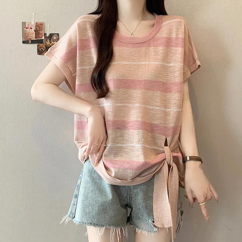 大码遮肚子条纹飞飞袖绑带针织t恤女夏季胖妹妹别致宽松显瘦上衣