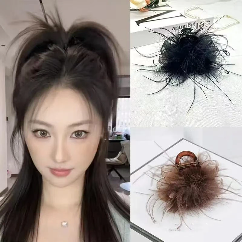 设计感网纱羽毛抓夹百搭网红发饰盘发夹子头饰爆款黑色头花鲨鱼夹