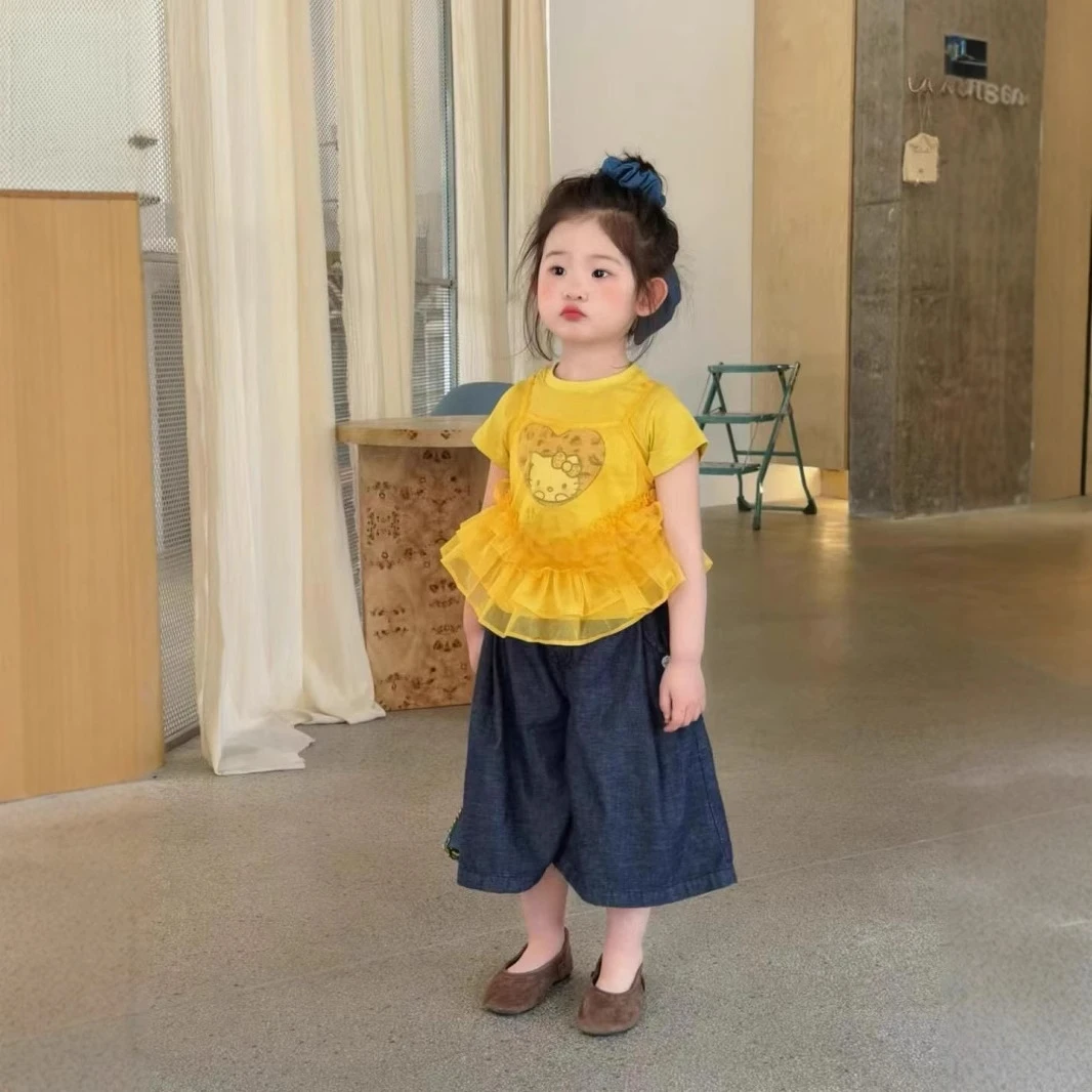 女童套装2025夏季新款儿童韩版可爱kt猫短袖宝宝洋气吊带两件套