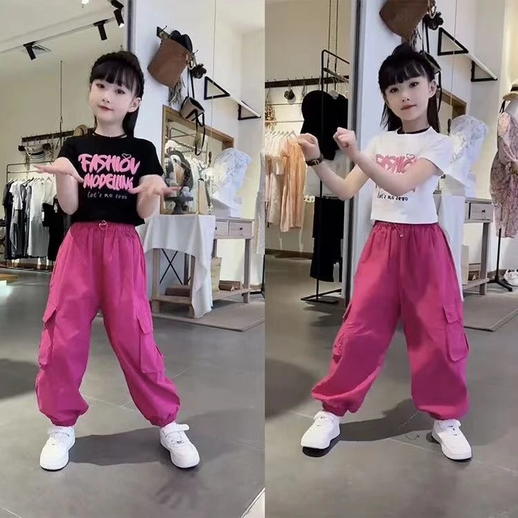 女童短袖工装裤两件套装网红炸街潮2025夏款时髦中大童T恤裤子