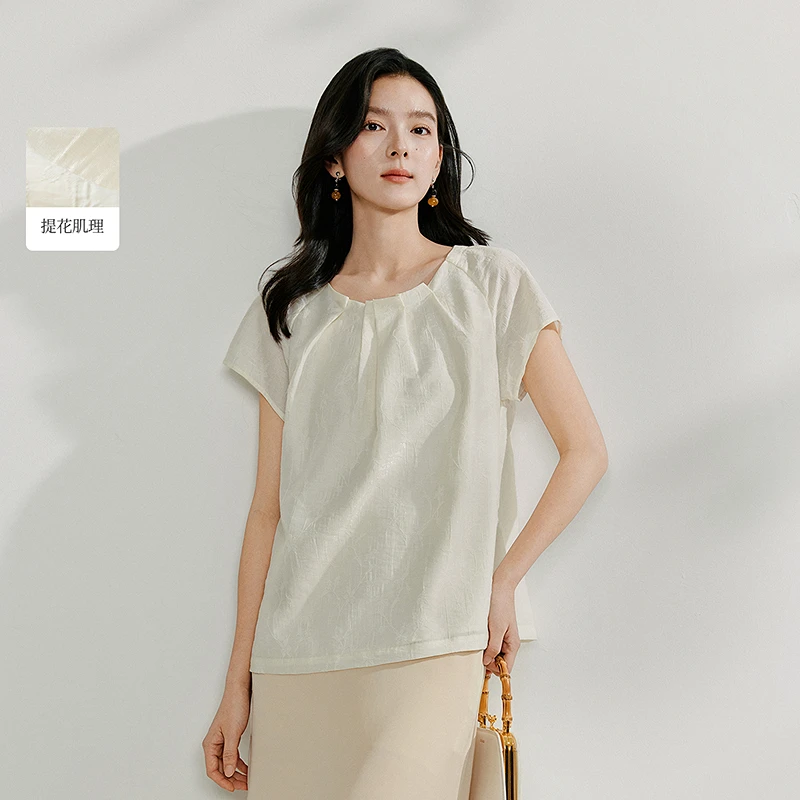 【商场同款新品】茵曼2025夏季法式褶皱气质衬衫时尚宽松短袖衬衣女