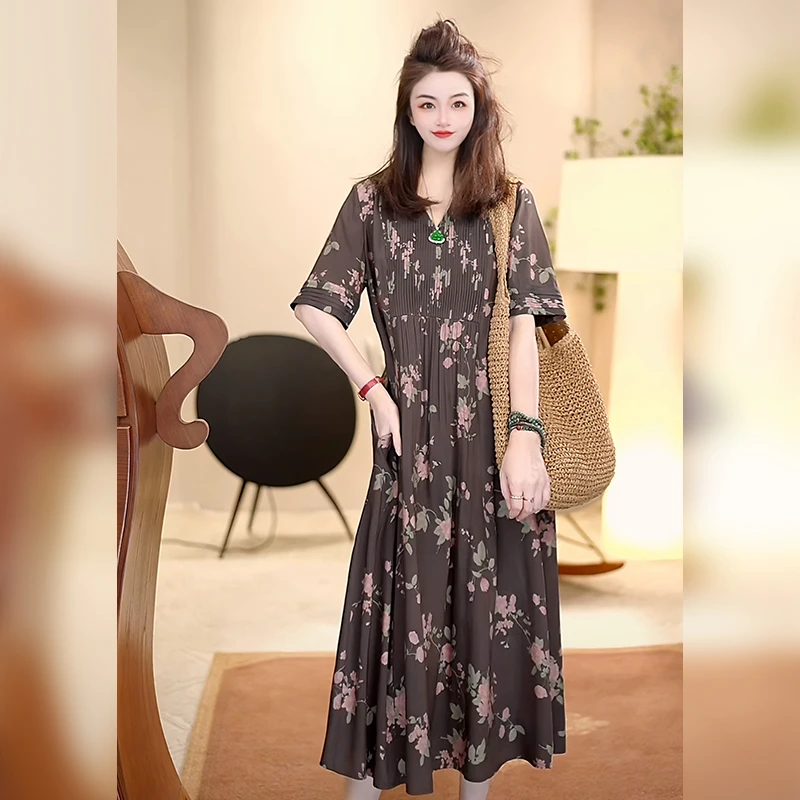 【Linda姐高端线】新款复古高奢气质印花短袖连衣裙子AA5LYH0434