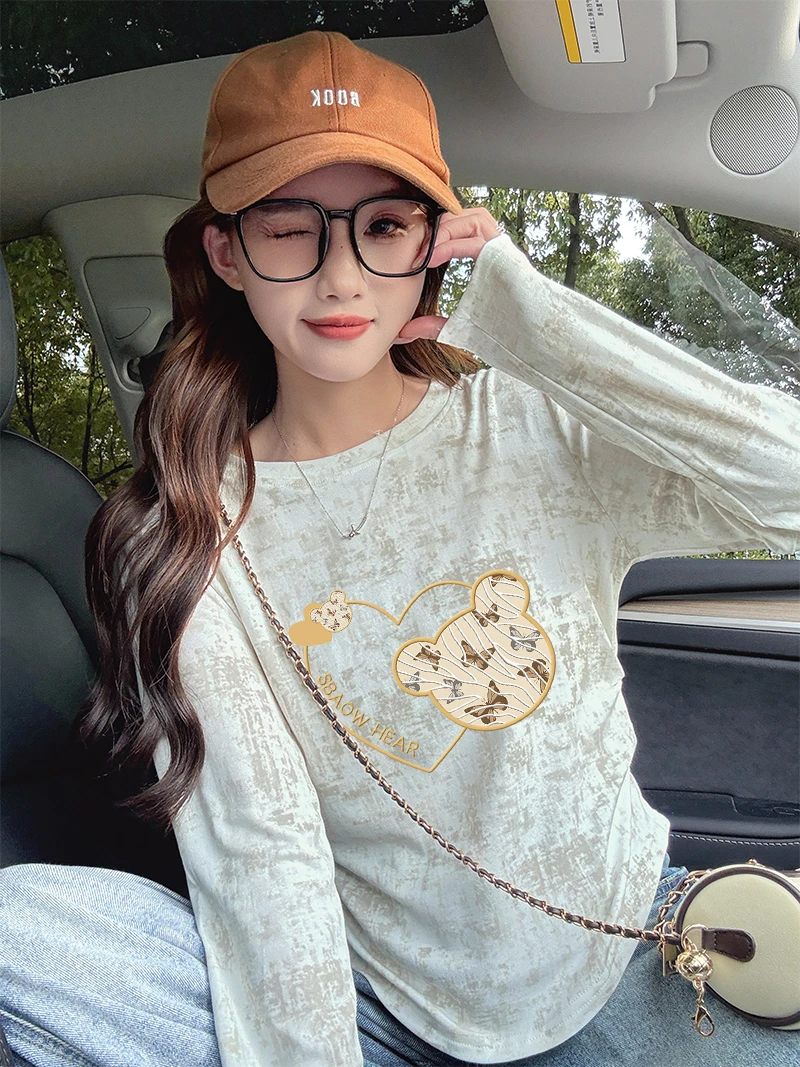 不规则扎染长袖打底T恤女早秋季爆款时尚潮流设计感褶皱打底衫ins