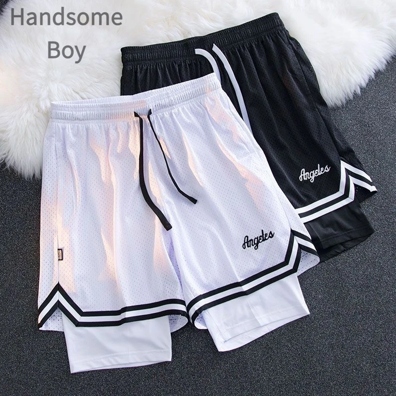 美式短裤男假两件双层篮球裤带内衬三分训练速干健身裤子跑步裤