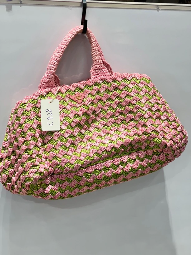 95新 Prada/普拉达 夏七中古/粉色编织tote单肩包c428