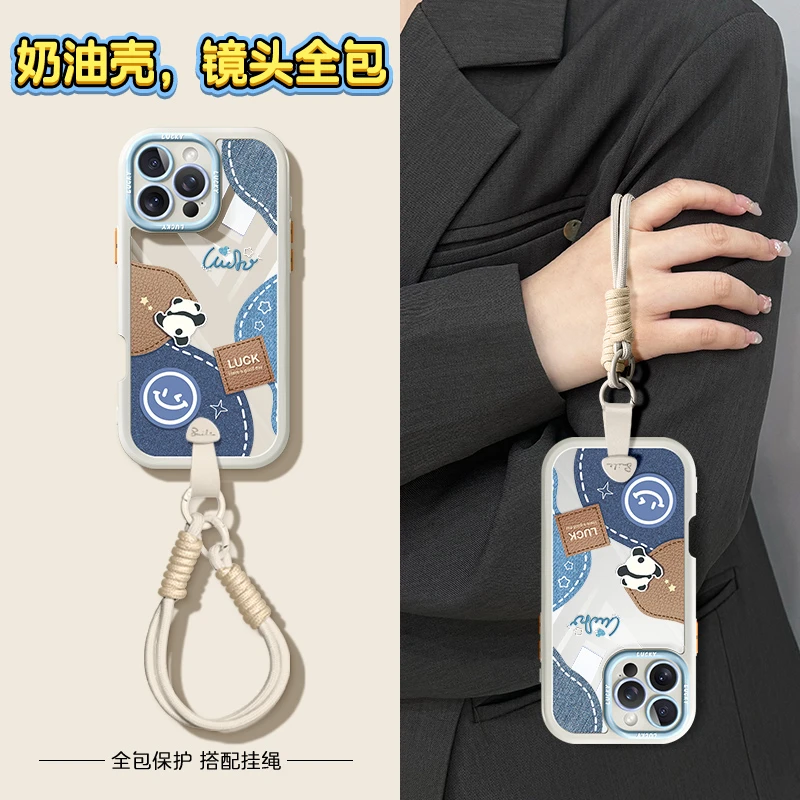 牛仔熊猫适用苹果16promax手机壳挂绳款iPhone17pro保护套硅胶15