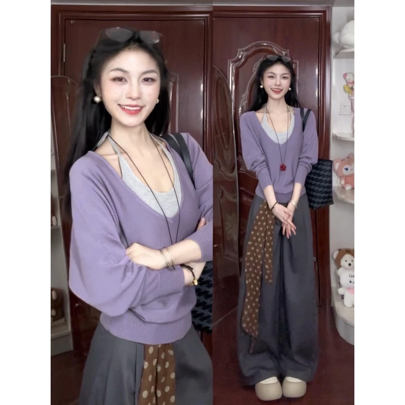 MARIE.COCO纯欲慵懒风女装套装大V领叠穿针织衫女早秋气质休闲裤