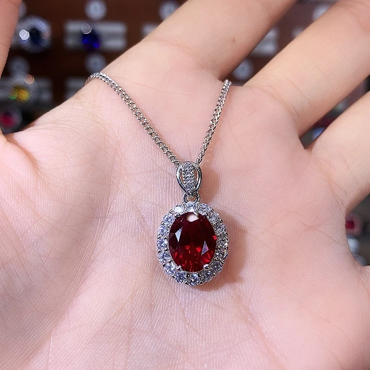 红宝石银S925镶嵌颈饰酒红白810