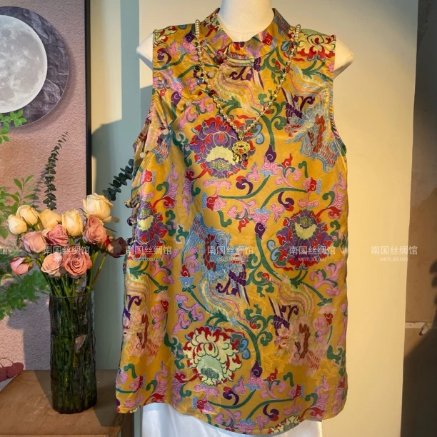 瑞凤 中长款上衣夏季新款盘扣复古旗袍改良印花衬衫